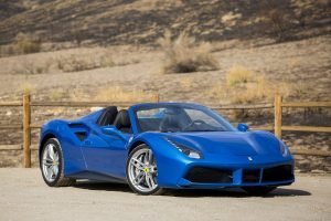The 2017 Ferrari 488 Spider is powered by a 3.9-liter turbo charged V8 engine that produces 670 horsepower and 560 pound feet of torque. It goes from 0-60mph in under 3 seconds. The MSRP is $272,700. The car seen here with many extras is priced at $392,784. (Jeff Amlotte/Los Angeles Times/TNS)