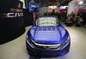 The Honda Civic Coupe production model is shown at Hondas Advanced Design Studio as part of the Los Angeles Auto Show on Tuesday, Nov. 17, 2015, in Los Angeles. (AP Photo/Chris Carlson)