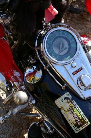 The speedometer and gas tank of the 1948 Harley-Davidson FL with the hand shift on the left side. Bud Wilkinson / Republican-American