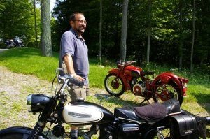 Will Paley and his 1966 Harley-Davidson Sprint, foreground, and 1951 Moto Guzzi Falcone. Bud Wilkinson R/A