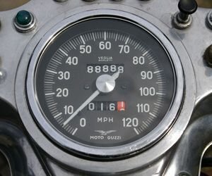 The odometer on Brian O'Neil's 1972 Moto Guzzi Eldorado. O'Neil wanted to have a picture taken when his odometer hit a milestone. He put the bike on the center stand, shifted into first and rolled on the throttle until the numbers '88888' lined up. Bud Wilkinson / Republican-American 