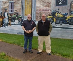 Ralph DeLuco, left, and Garrison Leykam co-host the radio program 'Those Diner and Motorcycle Guys' at 8 a.m. every Saturday from Gengras Harley-Davidson in East Hartford. Bud Wilkinson / Republican-American 