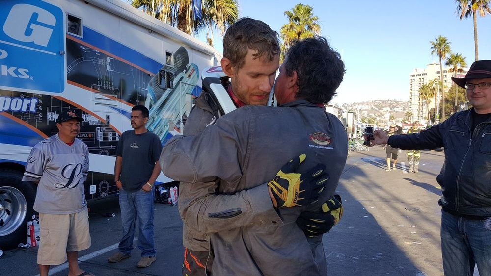 Tanner Janesky and his father Larry Janesky hug after winning their division in the Baja 1000 off-road race in Mexico. Credit: contributed 