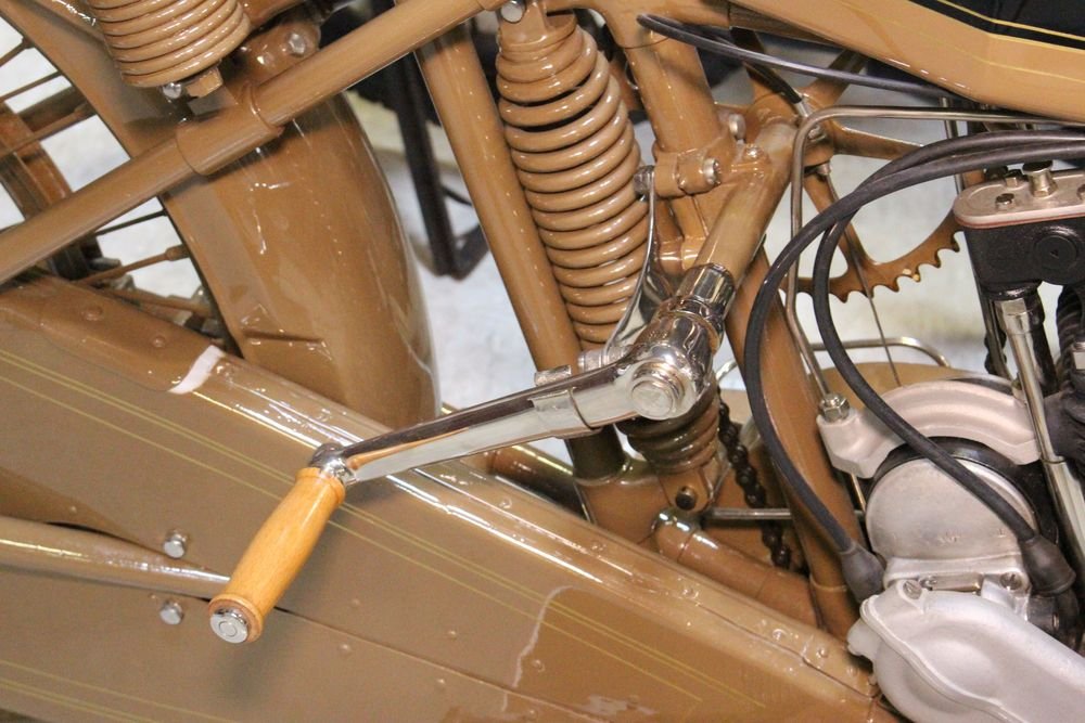The newly acquired 1921 Motosacoche motorcycle that was made in Switzerland has a hand crank to start it instead of a kick starter. 